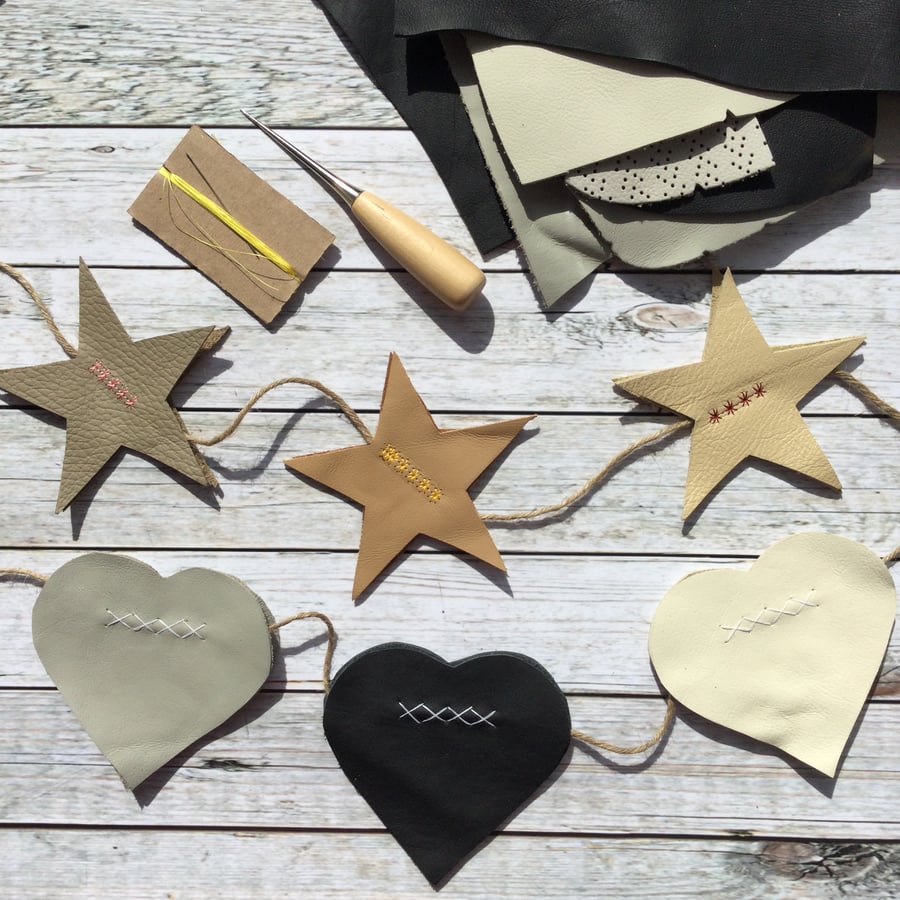 DIY Bunting Kit - Leather Bunting Kit - Stars & Hearts Garland Kit - Craft Kit -