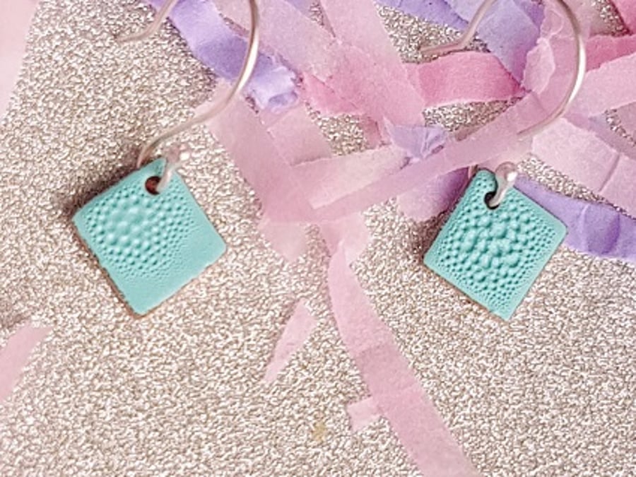 Copper Diamond Shaped Earrings with Teal Enamel