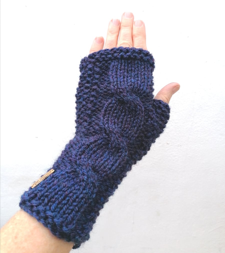Fingerless Gloves, Blue Cable Knit Wrist Warmers