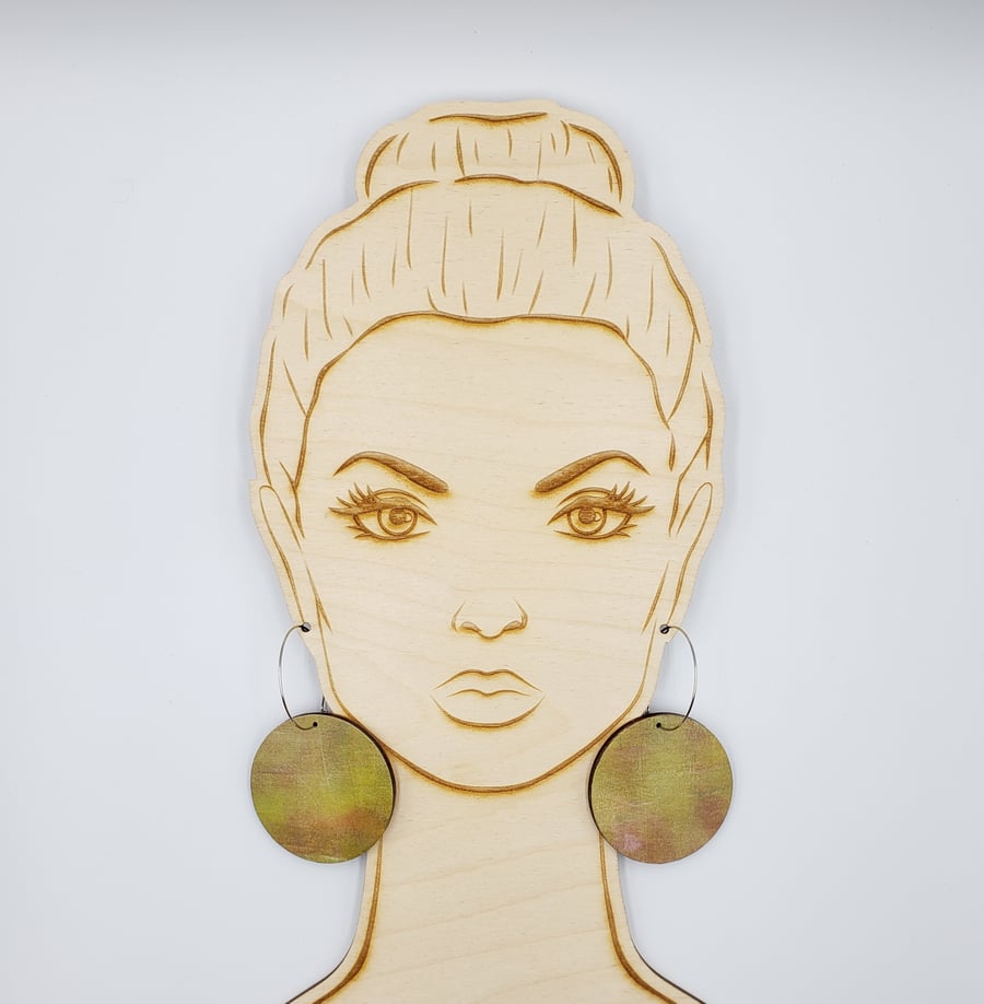 Hand printed wooden dangly earrings in light mustard and pink