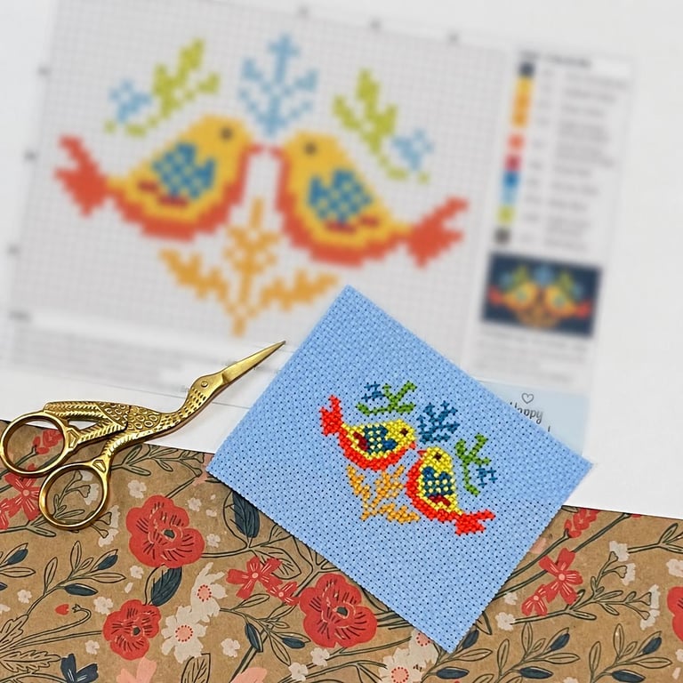 Simple Nordic Scandi Turtle Doves Love Birds Counted Cross Stitch Pattern PDF 