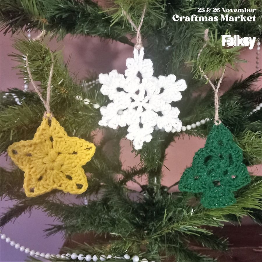 Festive Fusion: Mixed Christmas Tree Decorations - Star, Tree, Snowflake set