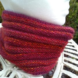 Handknit Pure Wool Textured Circular Cowl in Warm Reds