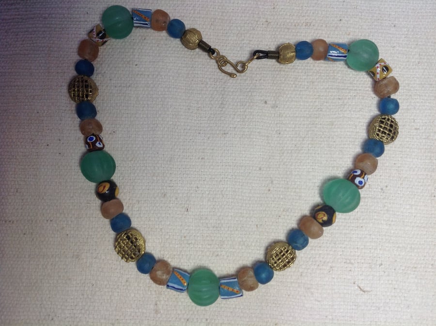 22" Ghana bead necklace, beads of recycled glass and brass with handmade clasp