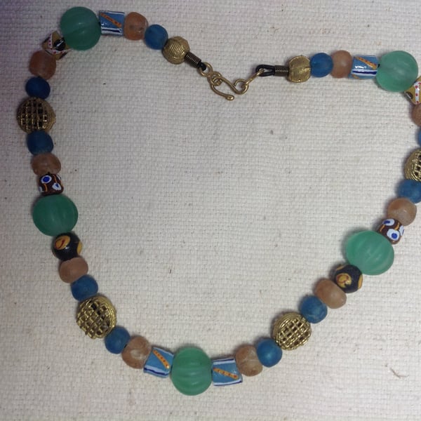 22" Ghana bead necklace, beads of recycled glass and brass with handmade clasp