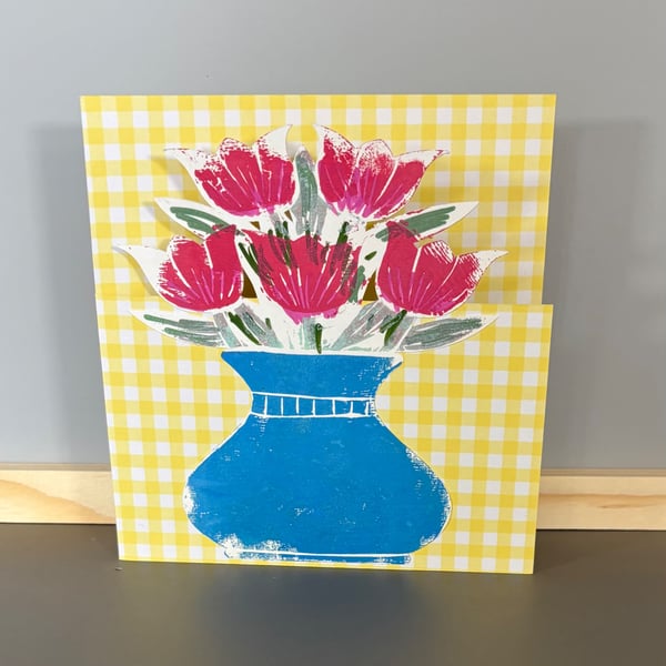 Greetings Card - Vase of Tulips on Yellow Gingham