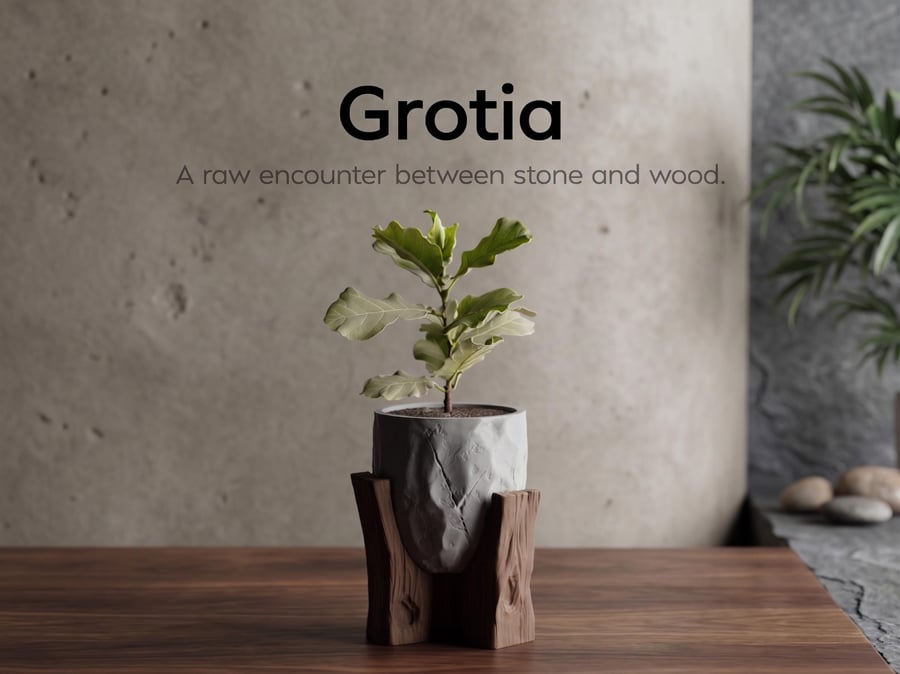 Modern Planter with Wooden Stand, Stone Texture Pot, Minimalist Indoor Planter, 