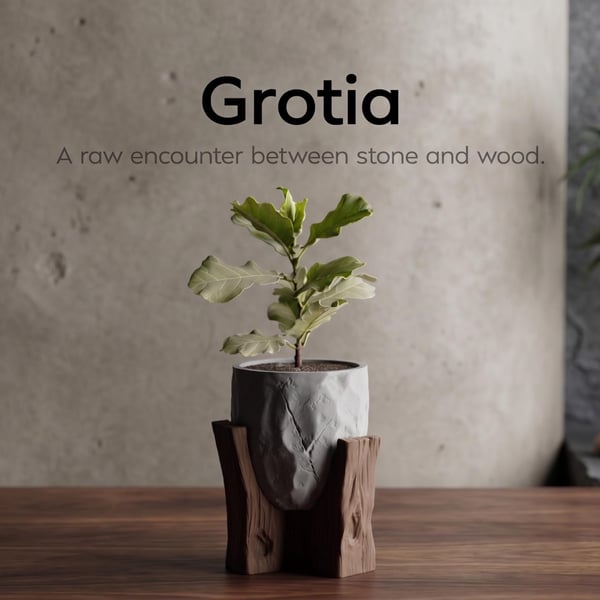 Modern Planter with Wooden Stand, Stone Texture Pot, Minimalist Indoor Planter, 