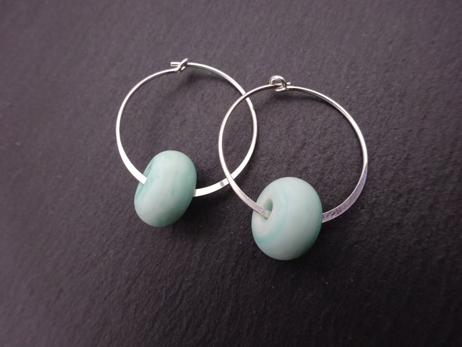 Sterling silver hoop earrings, green lampwork glass jewellery