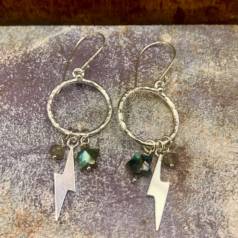 Lightning Botl & Labradorite Star Silver Earrings