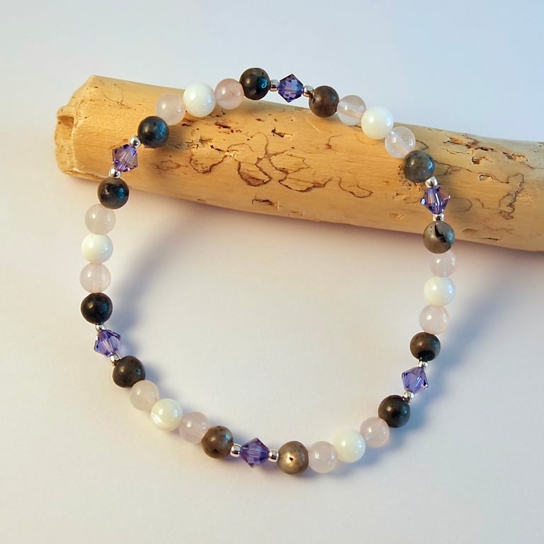 Rose Quartz, Labradorite, & Crystal Bracelet, Birthday, Bridesmaid Gifts For Her