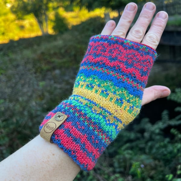 Red, yellow and blue knitted fairisle wrist warmers super seconds festival