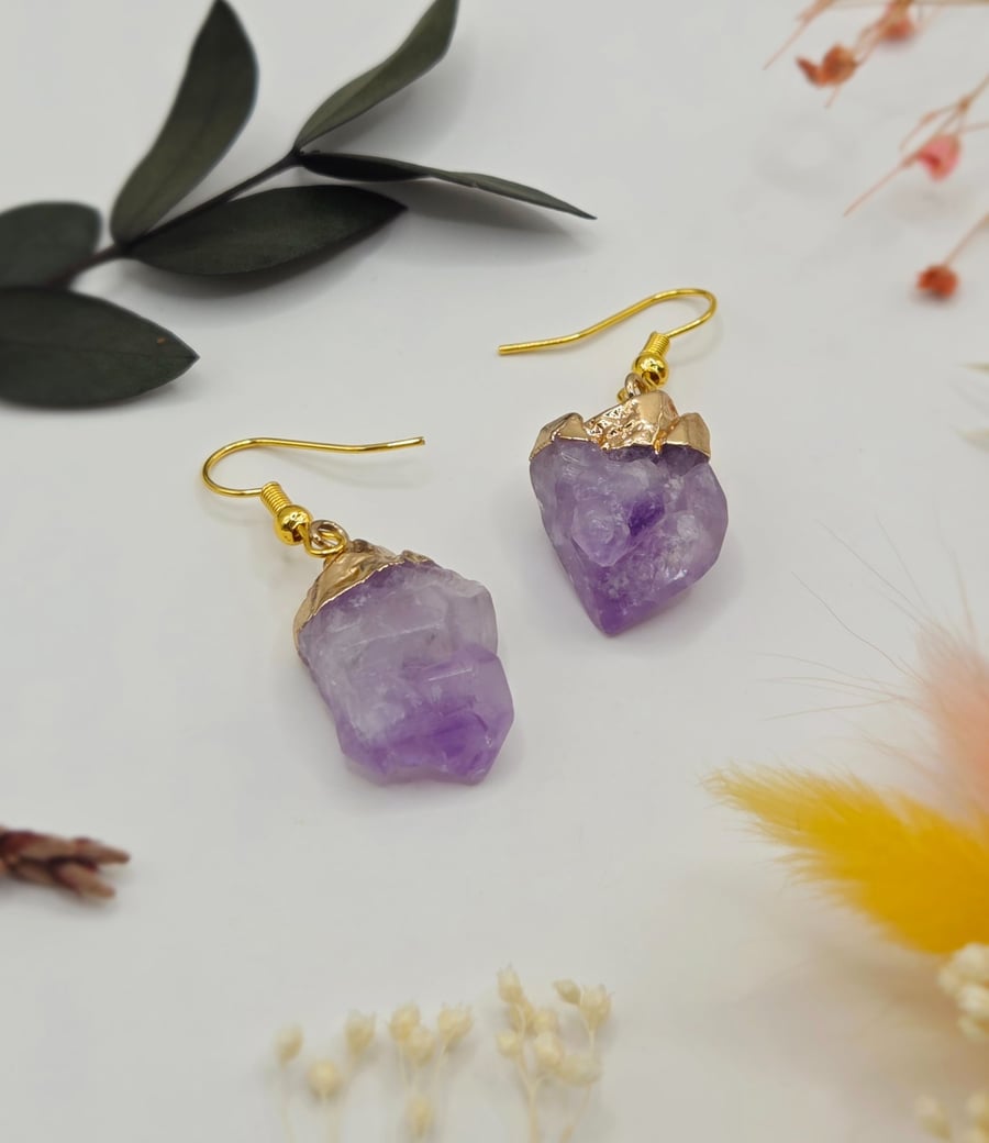 Raw amethyst chunk gold plated pendant earrings