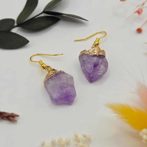 Raw amethyst chunk gold plated pendant earrings