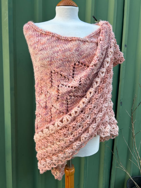 Soft and Fluffy Merino Wool Peaches and Cream Handknitted Lace Shawl