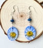 Real Pressed Daisy Blue Sliver Plated Dangle Wood and Bead Earrings - Image 3