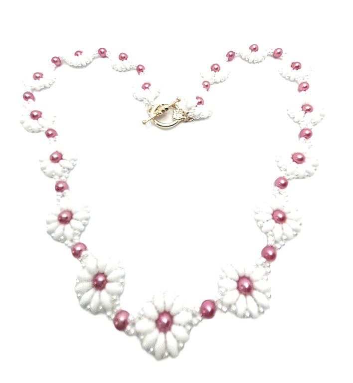 Handmade daisy style necklace with pink faux pearls and superduo beads