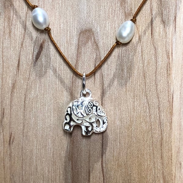 Silver Elephant pendant strung with labradorite beads and freshwater pearls.