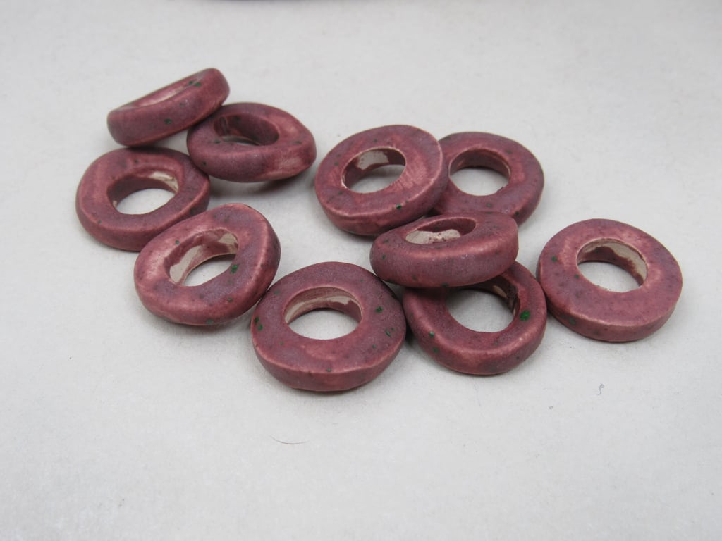 10 Medium Damson Purple Glazed Ceramic Donut Beads