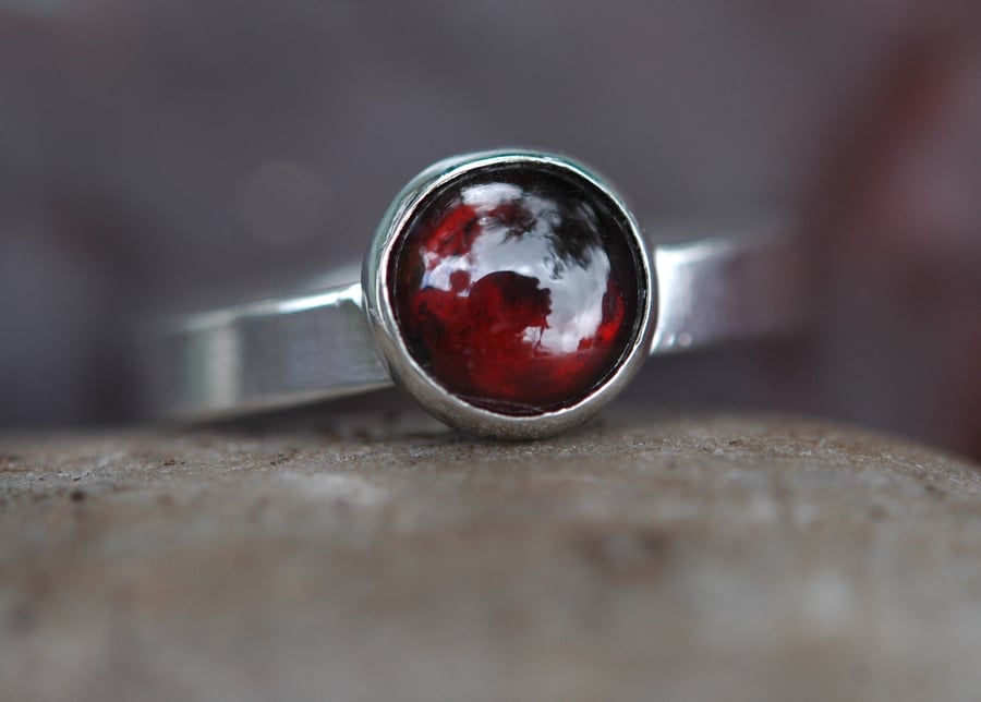 Sterling Silver Ring with Garnet, January birthstone, Size Q-R