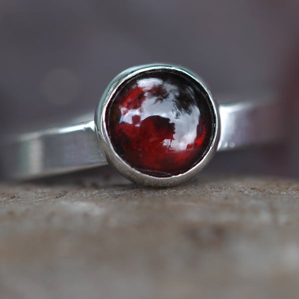 Sterling Silver Ring with Garnet, January birthstone, Size Q-R