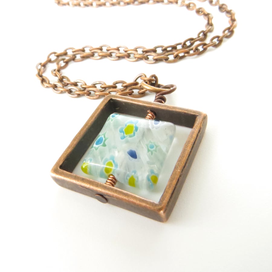 Copper Square Necklace, Copper Pendant with Millefiori Multicoloured Glass