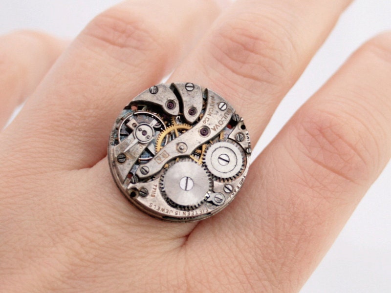 Steampunk Statement Ring of Repurposed Swiss Watch Mechanism