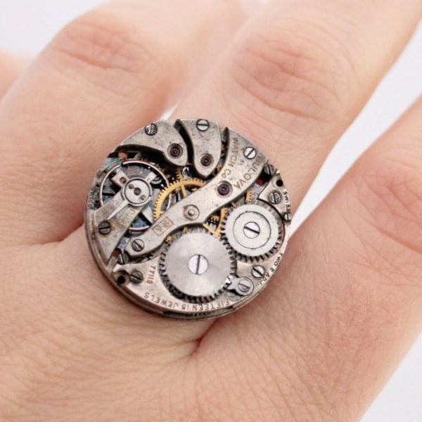 Steampunk Statement Ring of Repurposed Swiss Watch Mechanism