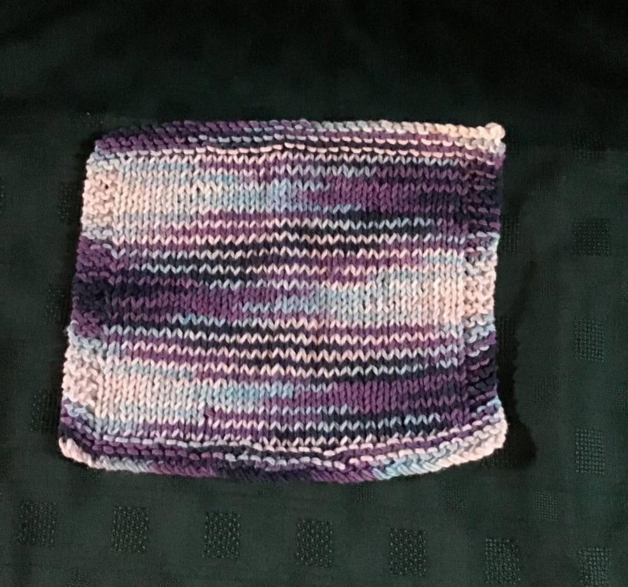 Cotton Wash Cloth Hand Knit Purple Blue White 