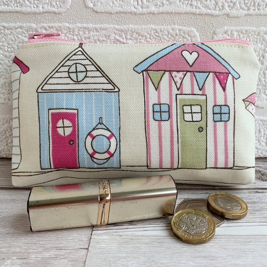 Large purse, coin purse with two pastel striped beach huts