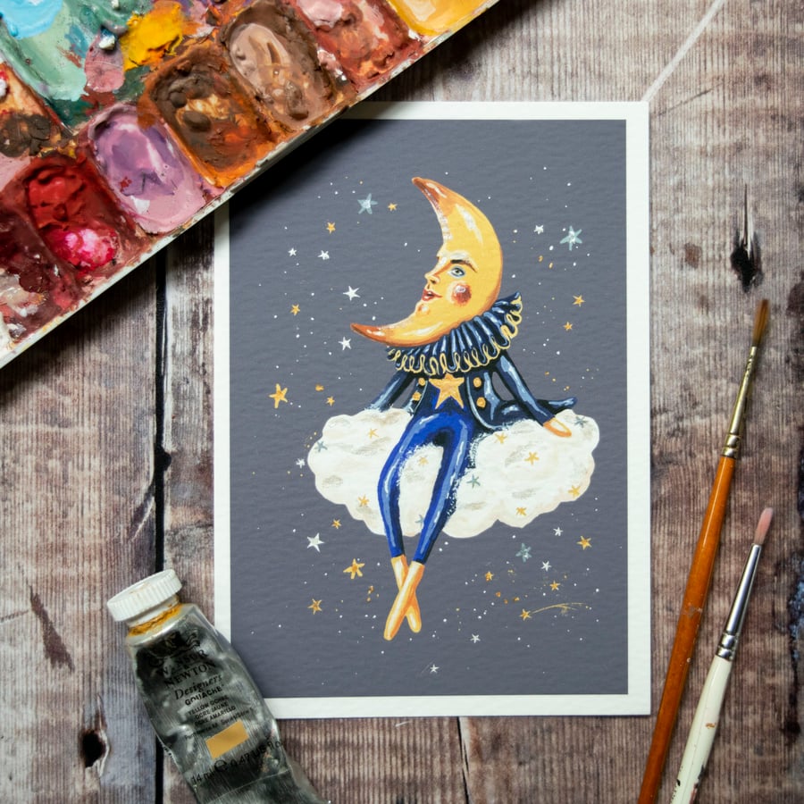 Illustrated mini art print, A6, of a moon man on a cloud- Charlie moon