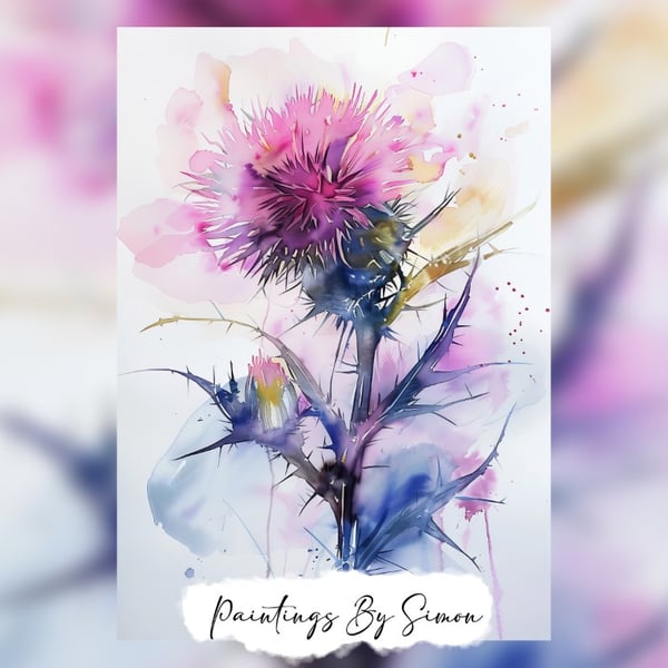Beautiful Thistle Flower, Watercolor Painting Print 5"x7" on Matte Paper