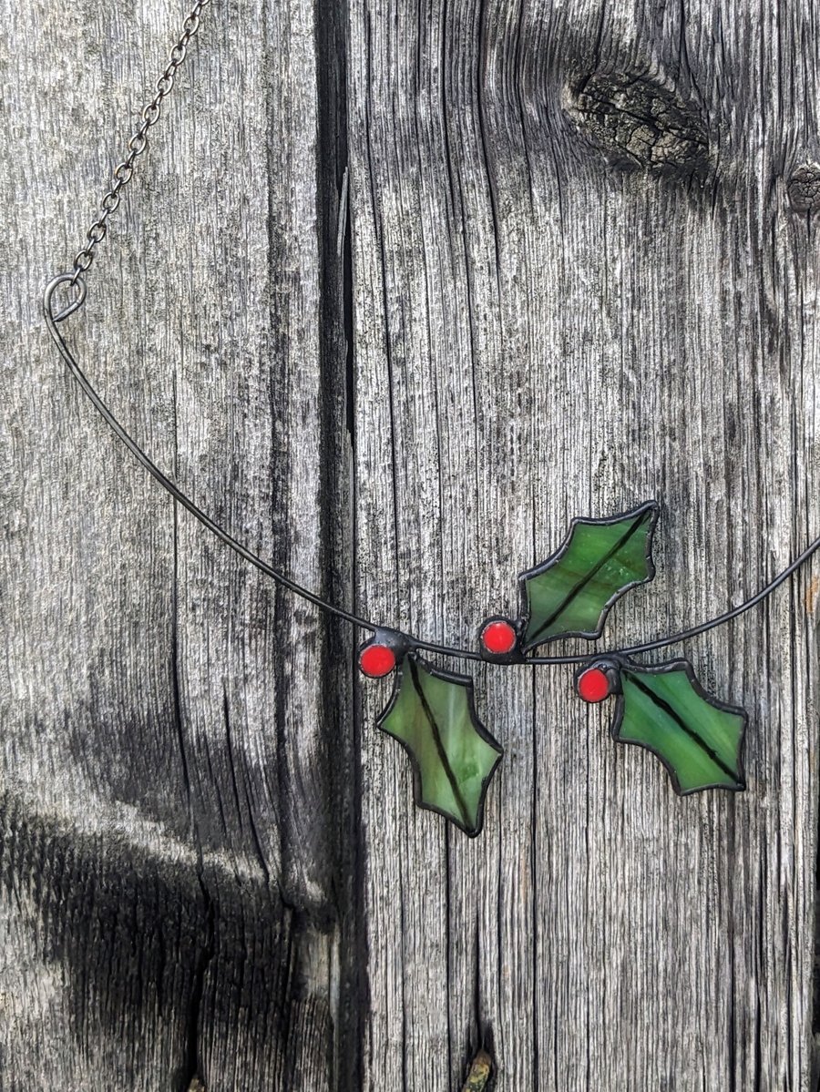 Image of Stained Glass Holly Wreath, Christmas Wreath, Christmas Door Decoration 