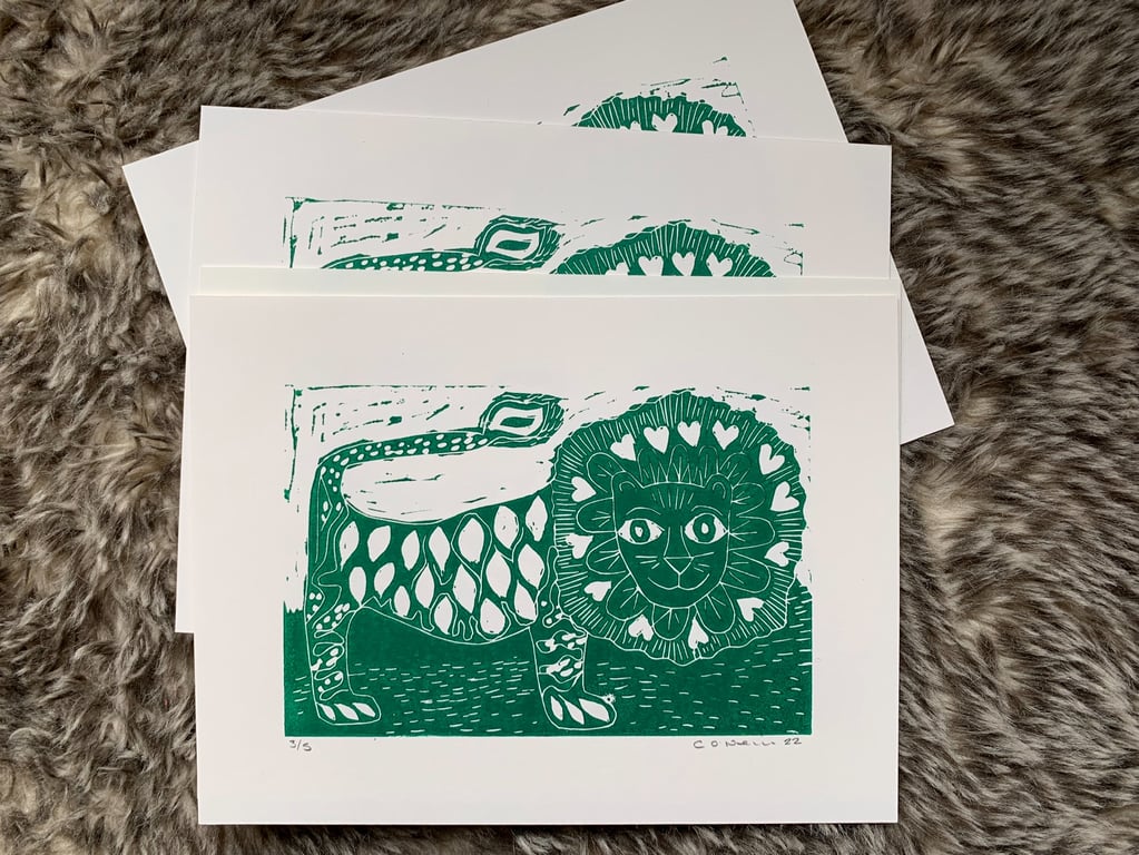 Happy Green Lion -   Lino Print