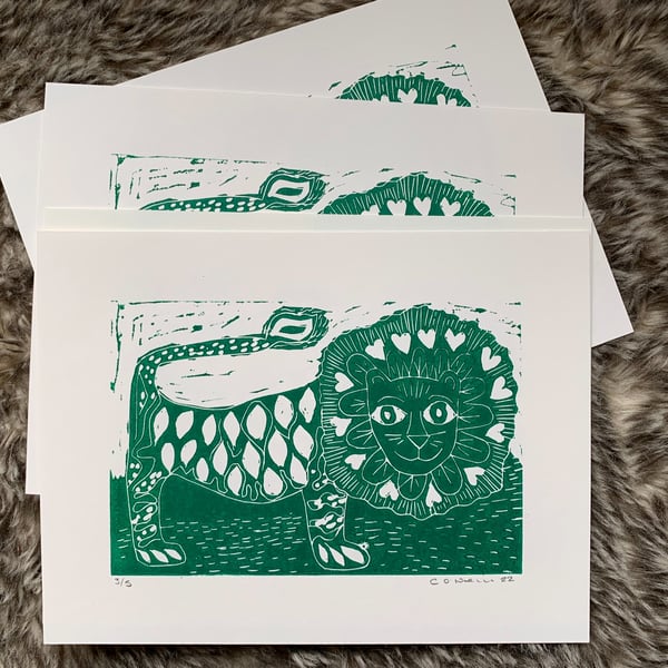 Happy Green Lion -   Lino Print