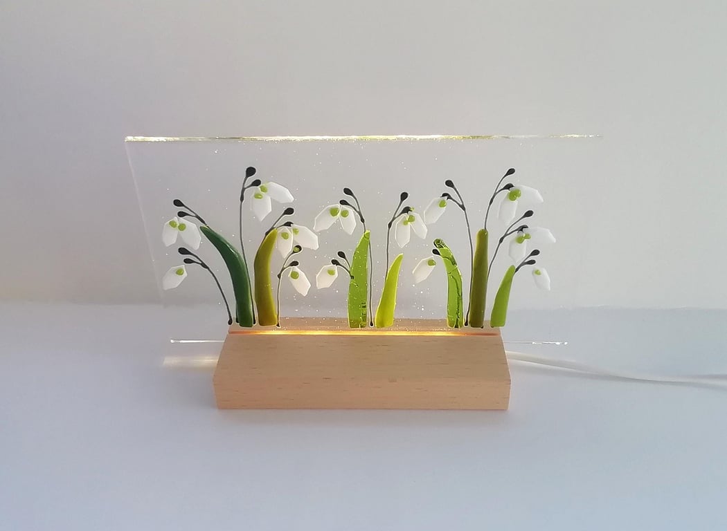Snowdrop illuminated light, fused glass art panel, led backlit glass snowdrops, 