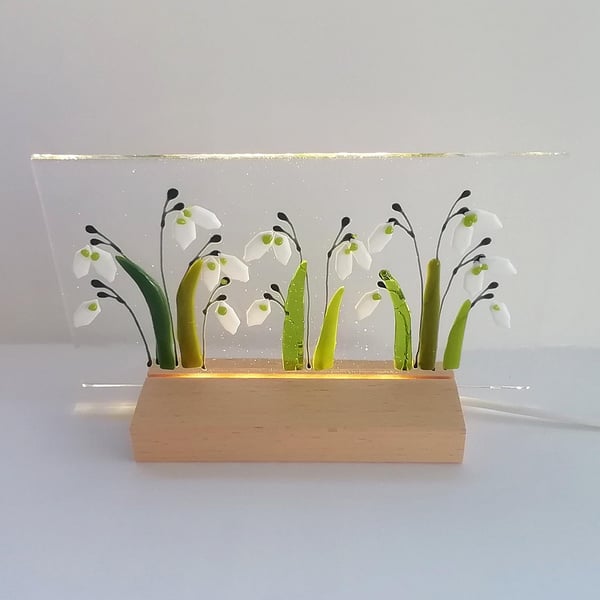 Snowdrop illuminated light, fused glass art panel, led backlit glass snowdrops, 
