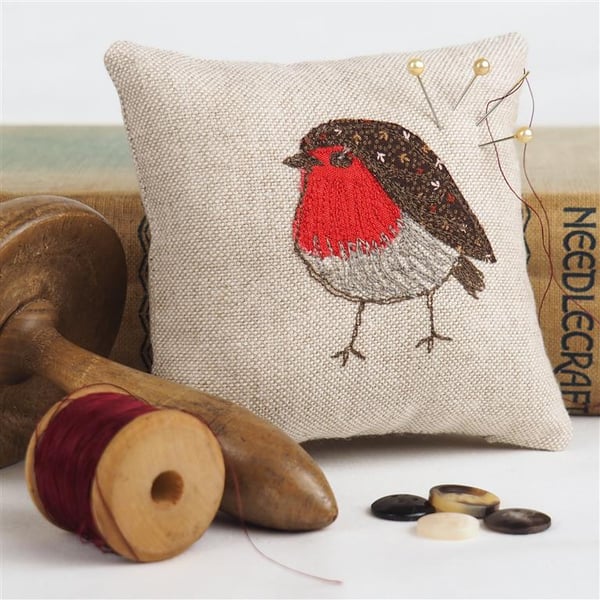 Pin Cushion Robin Wildlife Nature Bird Freehand Machine Embroidered