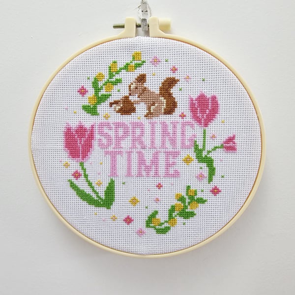 Handmade Springtime Floral Cross-Stitch Wall Art – Framed Seasonal Home Decor