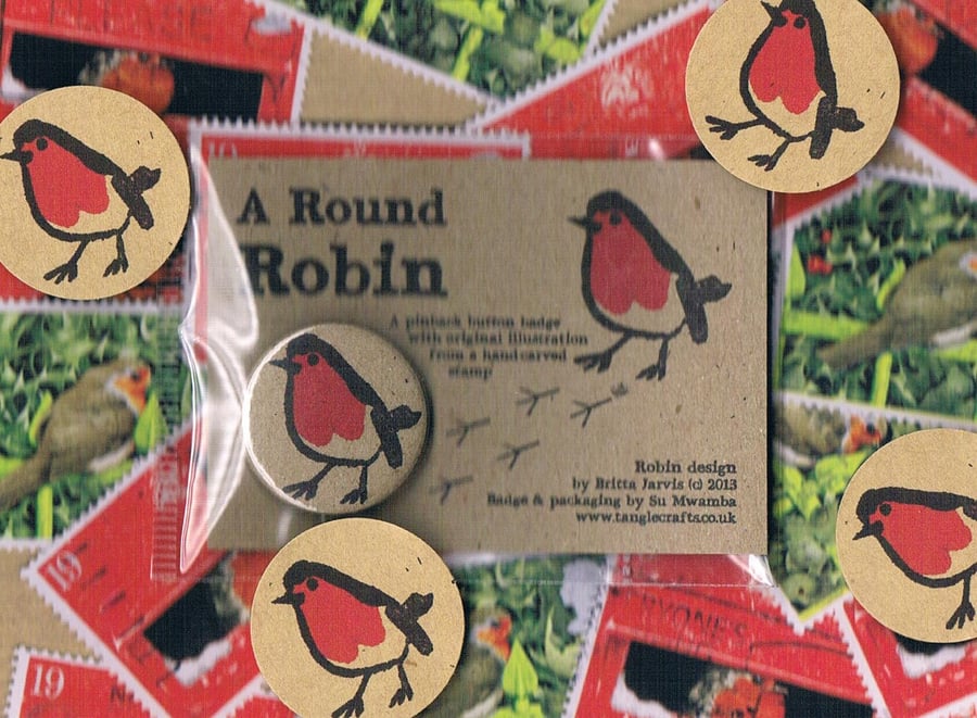 ROUND ROBIN BADGE & envelope seals, festive robin redbreast illustration
