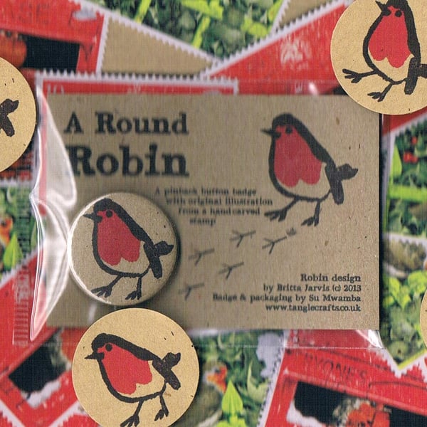 ROUND ROBIN BADGE & envelope seals, festive robin redbreast illustration