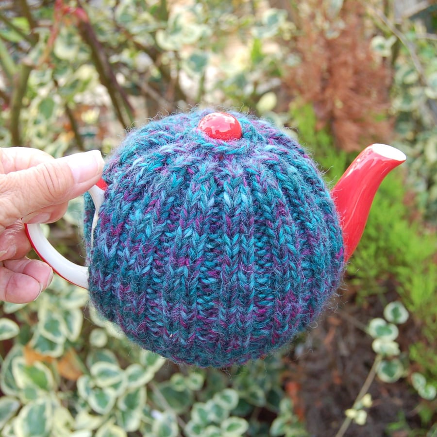 Knitted tea cosy, ribbed pattern,  wool mix yarn  - to fit a small teapot 