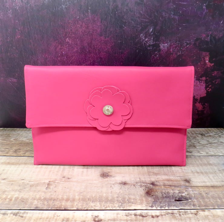Pink faux leather clutch bag - Folksy