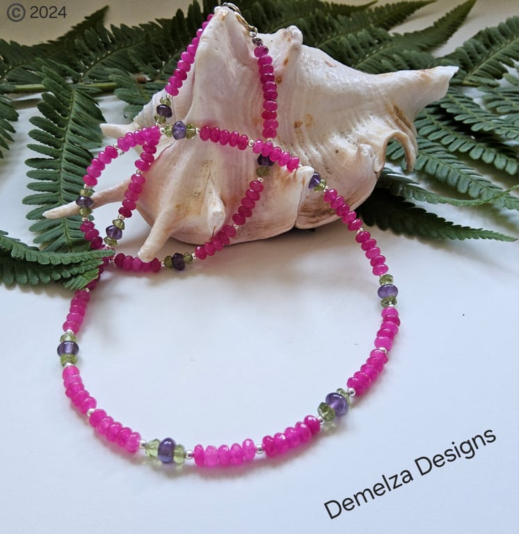 Pink Quartzite,  Amethyst & Peridot Sterling Silver Necklace Perfectly Imperfect