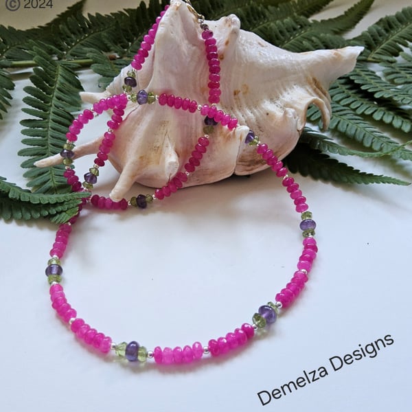 Pink Quartzite,  Amethyst & Peridot Sterling Silver Necklace 