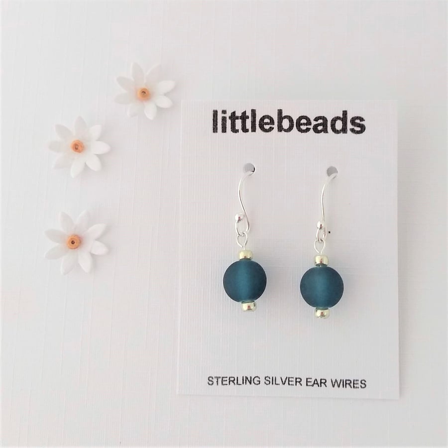 Dark Turquoise Frosted Glass Beaded Sterling Silver Earrings