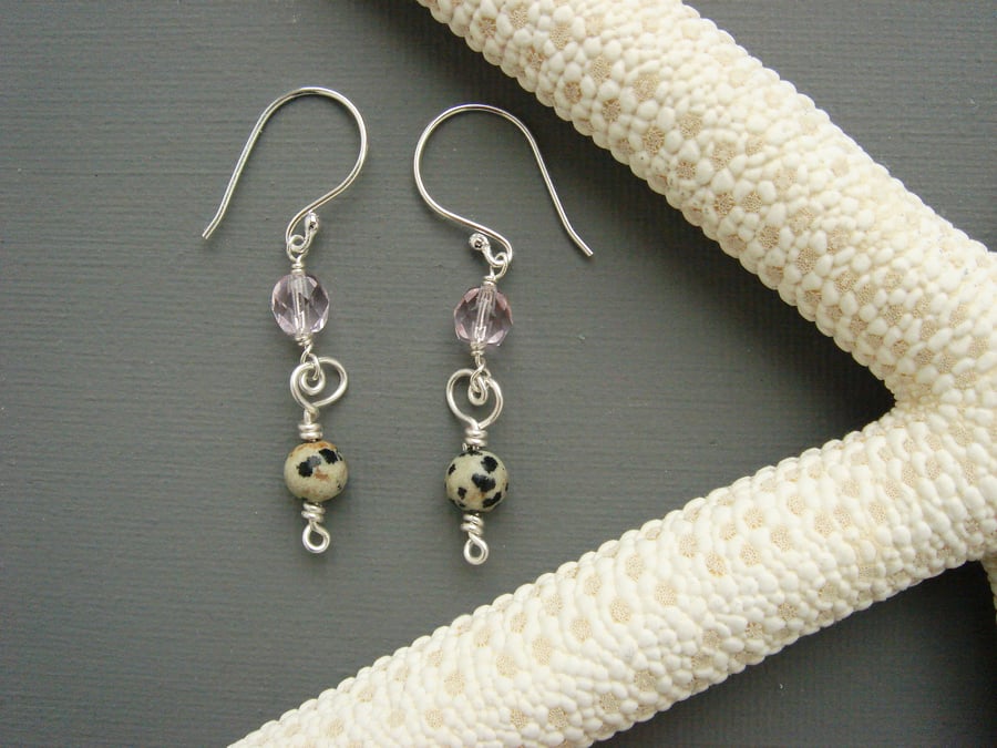 Love Note Sterling Silver and Dalmatian Jasper Wire-work Earrings
