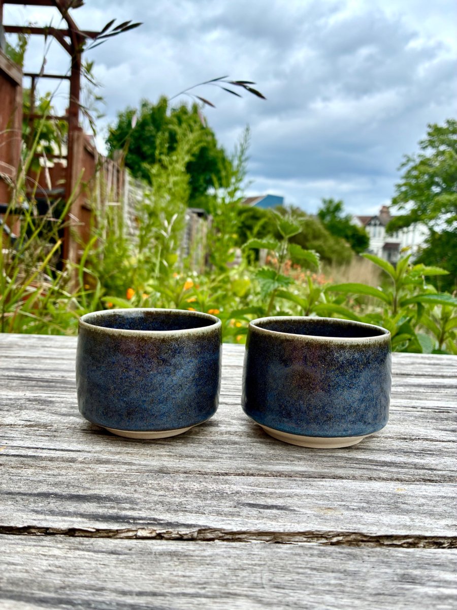 Handmade Blue Brown Ceramic Cup - Handleless Stoneware Mug (200ml, 7oz)