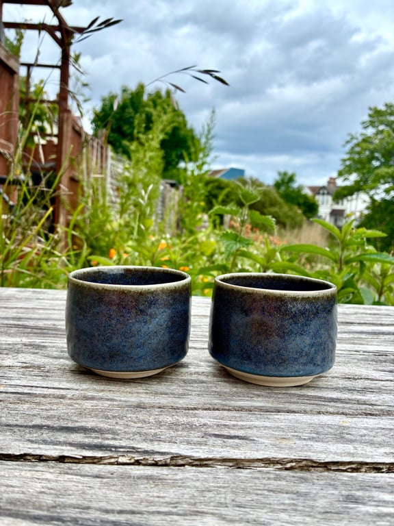 2 x Handmade Blue Brown Ceramic Cups - Handleless Stoneware Mugs (200ml, 7oz)