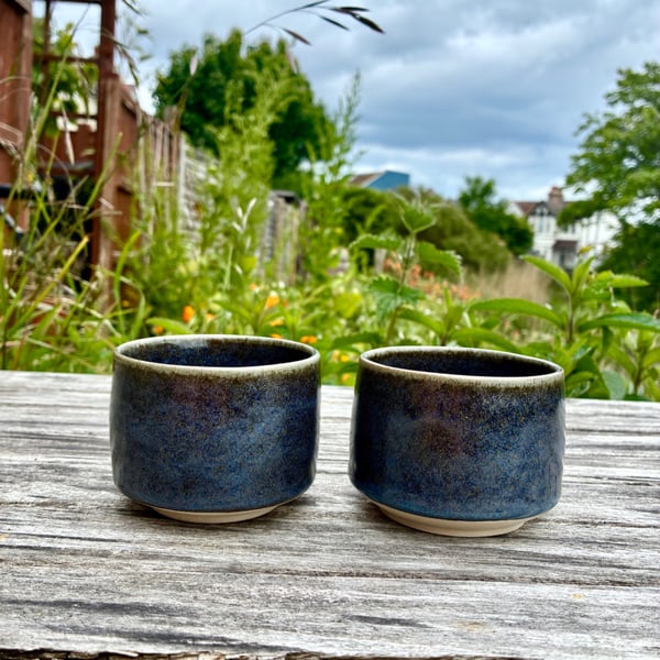 2 x Handmade Blue Brown Ceramic Cups - Handleless Stoneware Mugs (200ml, 7oz)